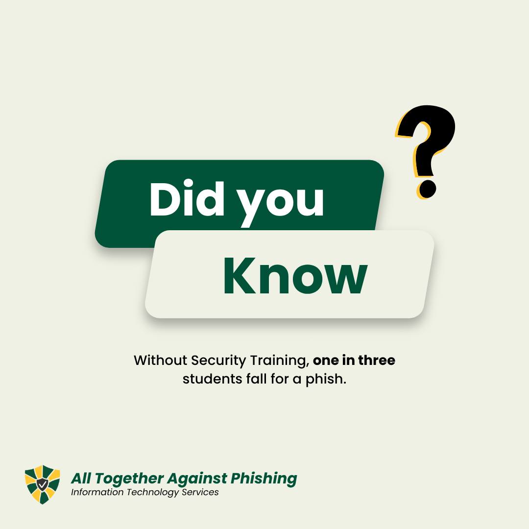 Without security training, one in three students fall for a phish. Staying alert online matters!
#AllTogetherAgainstPhishing #georgemasonits