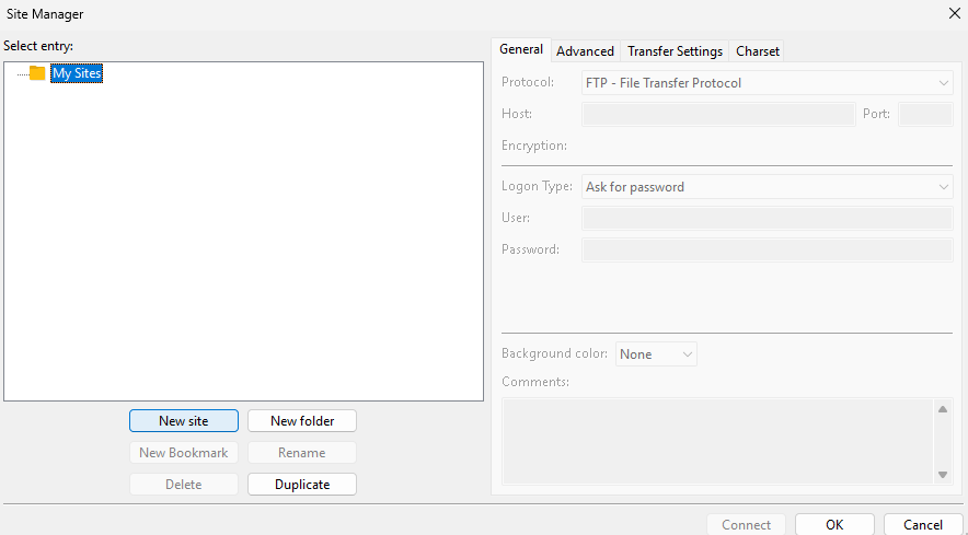 FileZilla with My Sites highlighted in dark blue