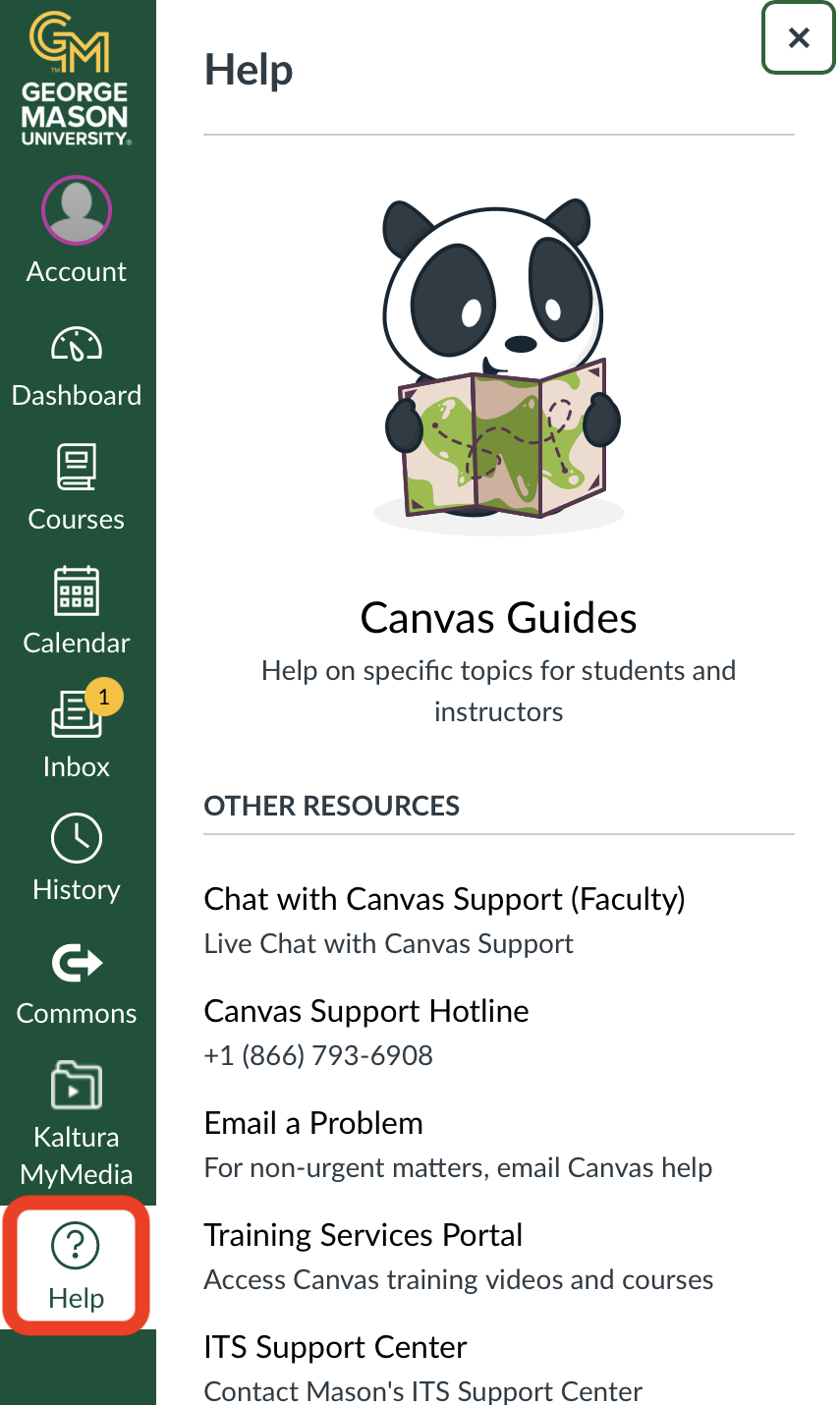 Canvas Help Menu Screenshot