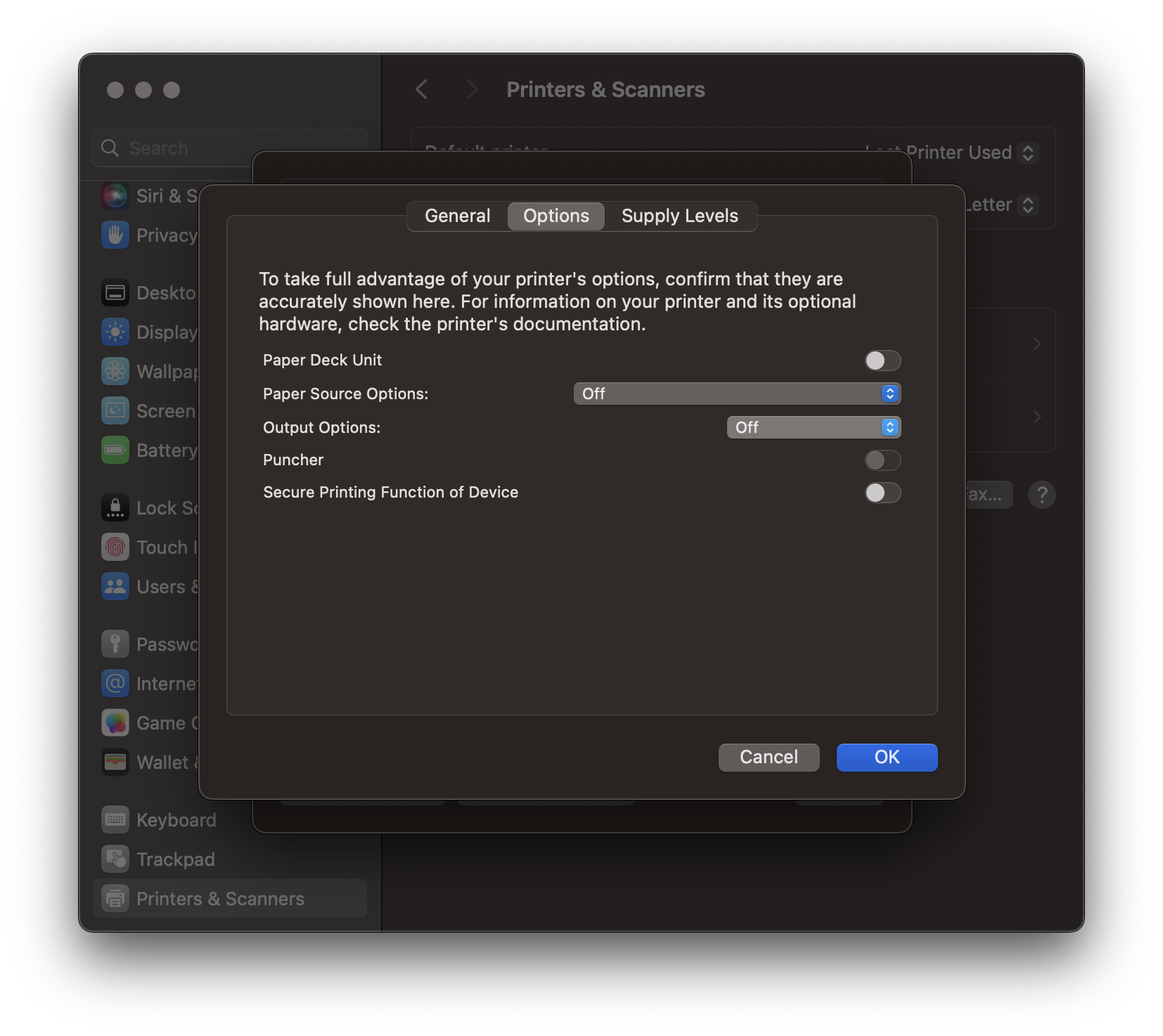 printer options default